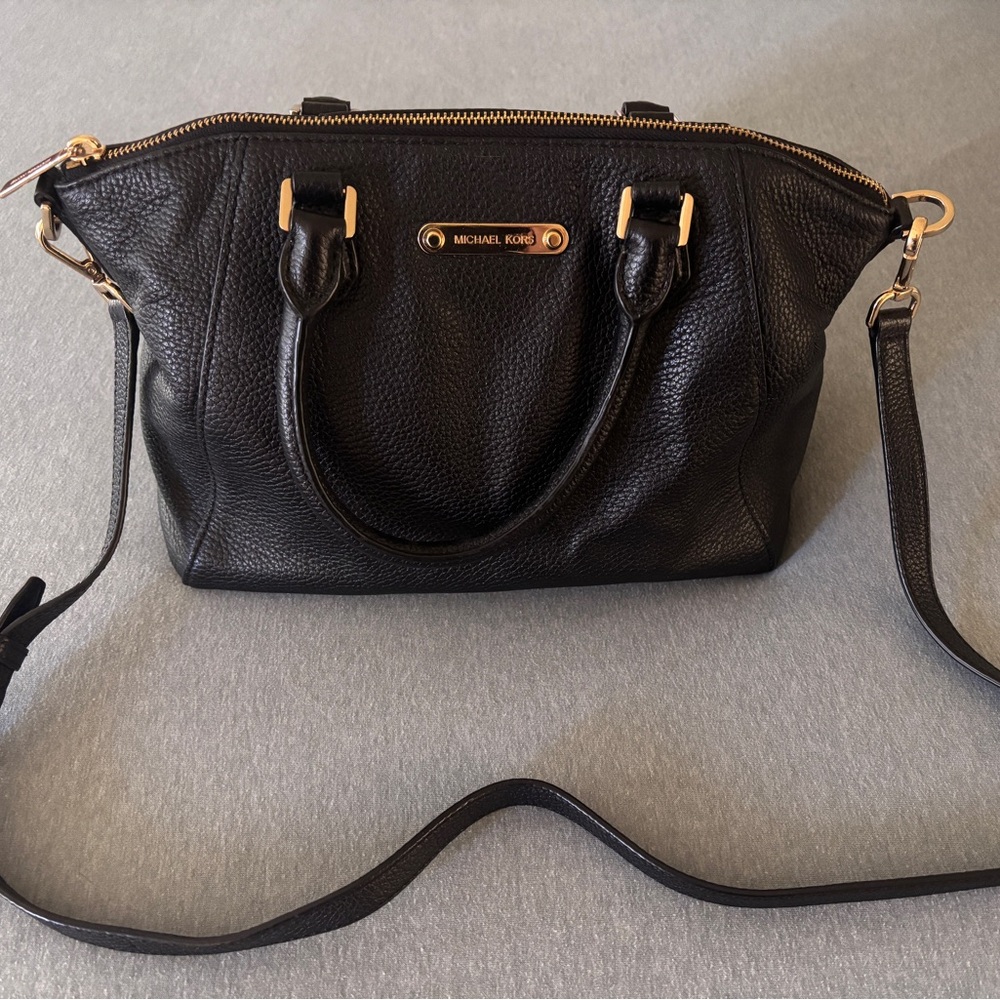 Michael Kors Black Pebble Leather Zip Satchel Bag w/ Gold Hardware & Footstand